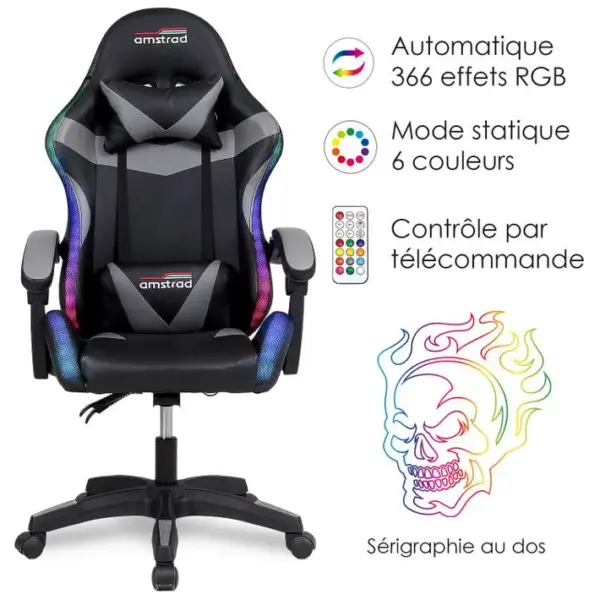 Fauteuil Gamer Ams-900-led-skull - Serigraphie tête De Mort - LED 366 Effets - Télécommande