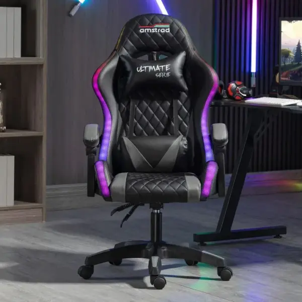 Fauteuil Gamer Ultimate-bk-led Coloris Noir et Grise- Eclairage LED 366 Effets - Télécommande