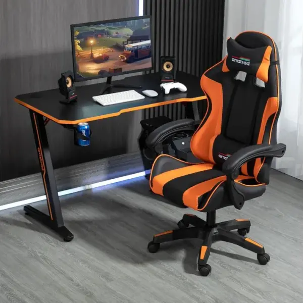 Desk120z-orange Bureau Informatique Finition Orange - 1m20 - Style Carbone - Porte Casque et Gobelet