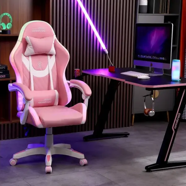 Fauteuil Gaming Ams-led-sakura - Simili Cuir Rose Et Blanc - Eclairage LED 366 Effets - Télécommande