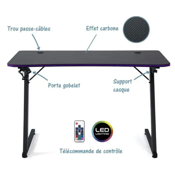 Bureau Informatique Gamer Ams-desk120z-led-aura Retroéclairage LED - Largeur 1m20 - Télécommande