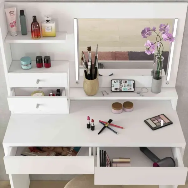 Coiffeuse 3 Tiroirs Avec Miroir Effet Bois, Blanc