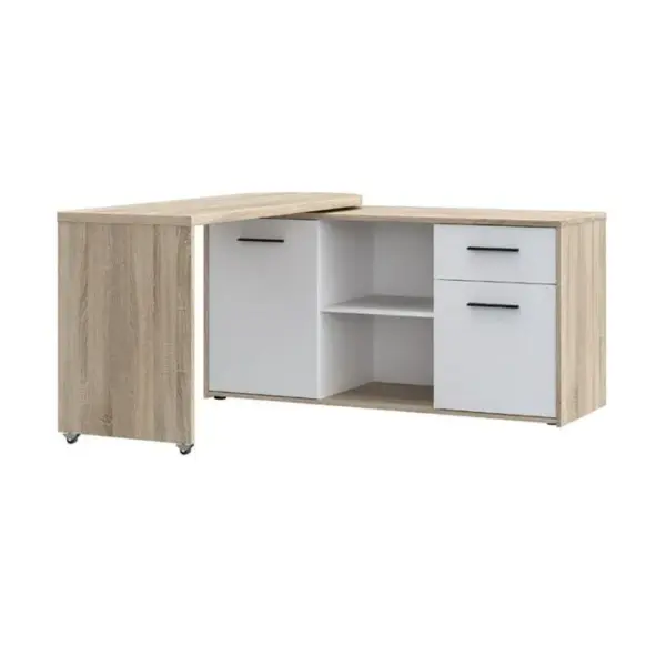 MEUBLETMOI Bureau D'angle Rotatif 144 Cm à 232 Cm Décor Bois Et Blanc - Alkira