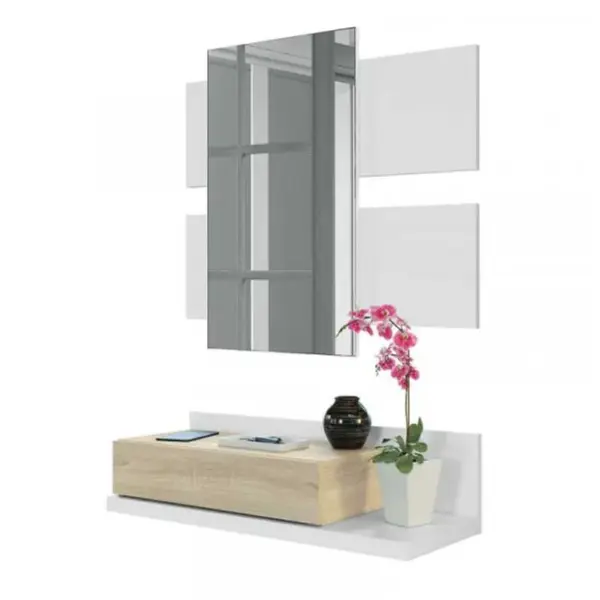 Meuble Dentrée Suspendu + Miroir Blanc/chêne Tekana - L 75 X L 29 X H 20 Cm