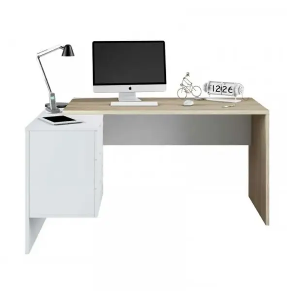 Bureau Dangle 3 Tiroirs + Niche Blanc/chêne - Officia - L 145 X L 108 X H 73 Cm