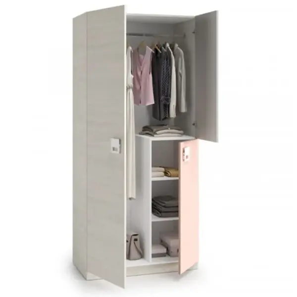 Armoire 3 Portes Battantes Bois Blanchi/rose - Lomlom - L 90 X L 52 X H 200 Cm