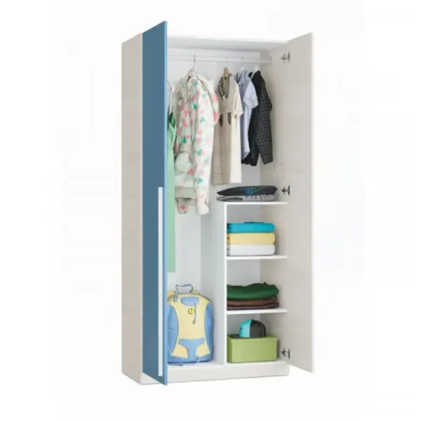 Armoire 2 Portes Battantes Bois Blanchi/bleu - Riverside - L 90 X L 52 X H 200 Cm