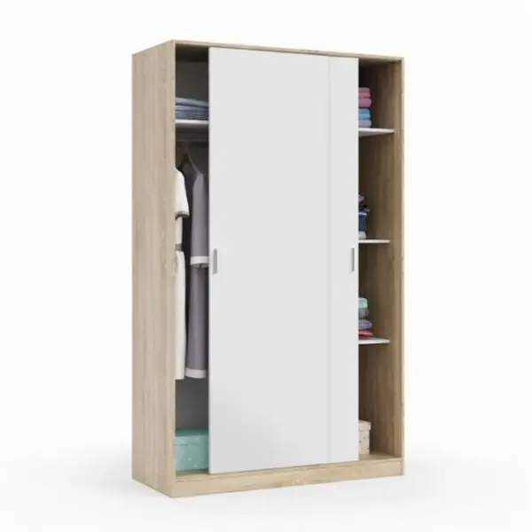 Armoire 2 Portes Coulissantes Blanc/chêne - Sana - L 120 X L 50 X H 200 Cm