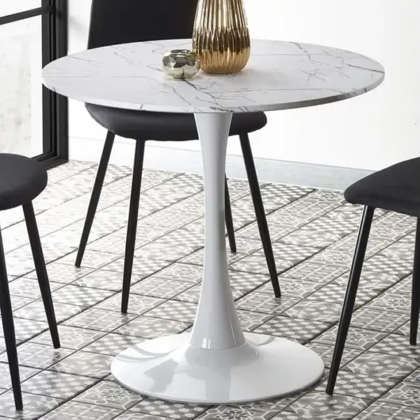 Table Ronde 80 Cm Blanche Avec Plateau Aspect Marbre Et Pied En Métal Danu