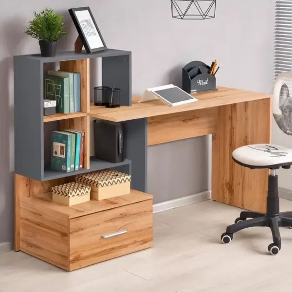 Bureau Gris Anthracite Et Aspect Chêne Avec Grand Tiroir Et Étagères Stand