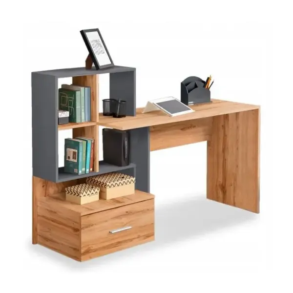 Bureau Gris Anthracite Et Aspect Chêne Avec Grand Tiroir Et Étagères Stand