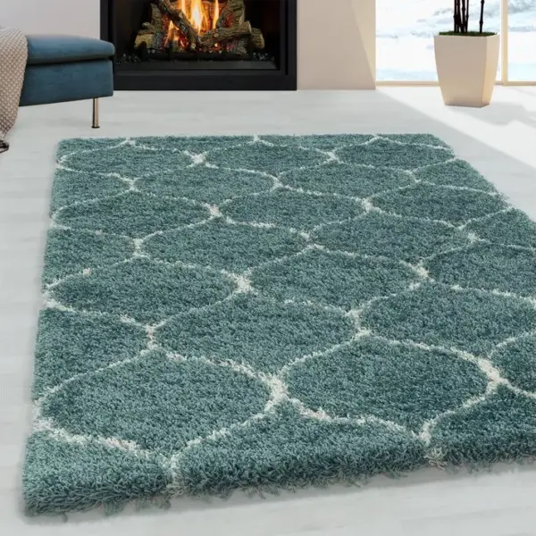 Salma - Tapis à Poils Longs Et Motifs Alhambra - Turquoise Et Blanc 200 X 290 Cm