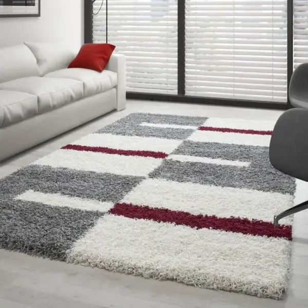 Roma - Tapis Shaggy à Motifs Traits - Rouge Et Gris 140 X 200 Cm