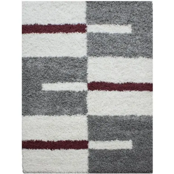 Roma - Tapis Shaggy à Motifs Traits - Rouge Et Gris 140 X 200 Cm