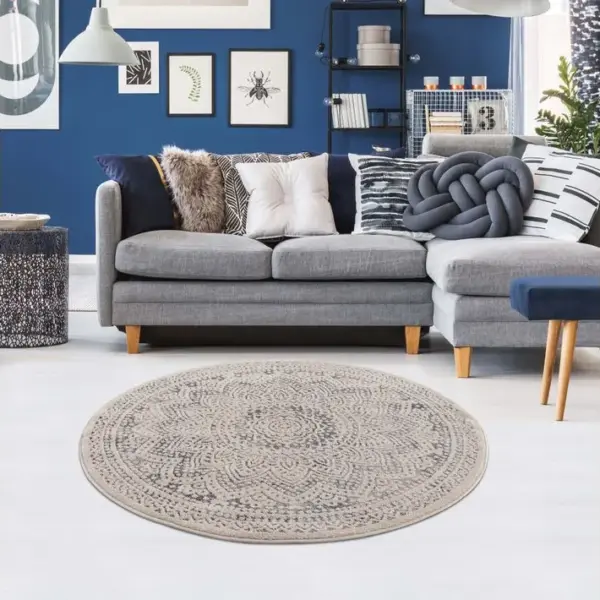 Flät - Tapis Rond Scandinave Tressées Crème Et Gris 200x200cm