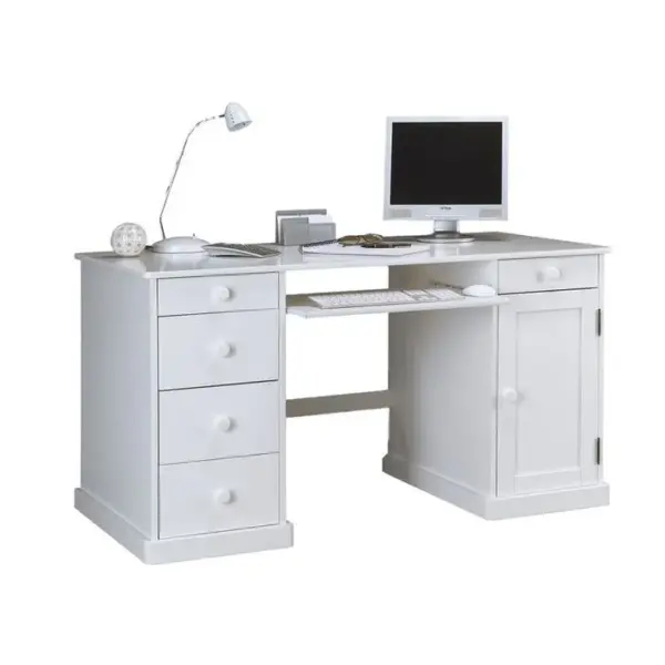 Bureau Informatique Blanc 1 Porte 5 Tiroirs Style Anglais L 141 H 77 P 70 Cm