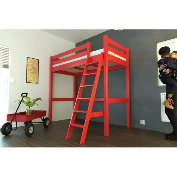 ABC MEUBLES Lit Mezzanine Sylvia Avec Échelle Bois, Couleur: Rouge, Dimensions: 90x200