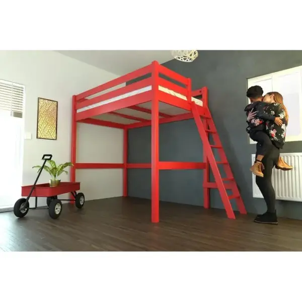 ABC MEUBLES Lit Mezzanine Sylvia Avec Échelle Bois, Couleur: Rouge, Dimensions: 120x200