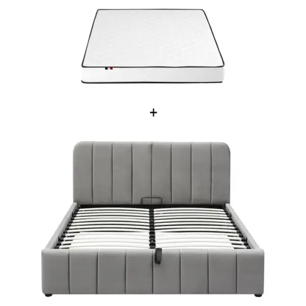 Ensemble LIT AVIA avec sommier en velours gris + Matelas ADEONA 140X190CM