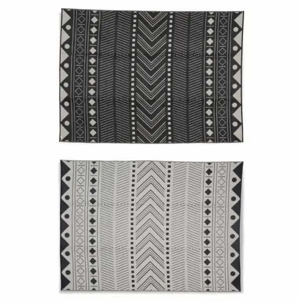 Tapis D?extérieur 270x360cm Bamako- Rectangulaire. Motif Ethnique Noir / Beige. Jacquard.