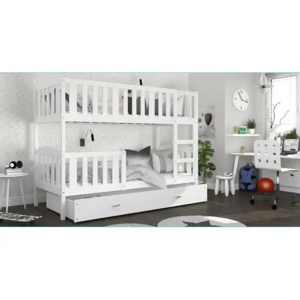 Lit Superposé Teo 80x160 Blanc - Blanc Livré Avec Sommiers, Tiroir Et Matelas En Mousse De 7cm