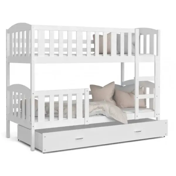 Lit Superposé Teo 80x160 Blanc - Blanc Livré Avec Sommiers, Tiroir Et Matelas En Mousse De 7cm