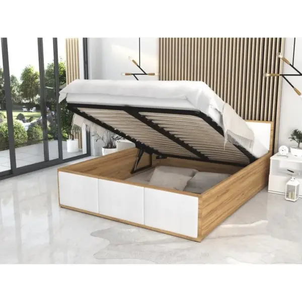 Lit Panama T 160x200 + Coffre - Sommier Inclus Chêne - Blanc