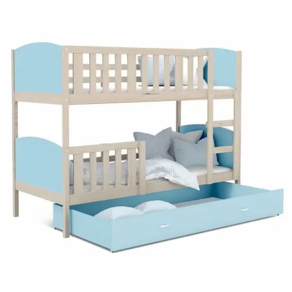 Lit Superposé Tomy 90x190 Pin - Bleu Livré Avec Sommiers, Tiroir Et Matelas En Mousse De 7cm