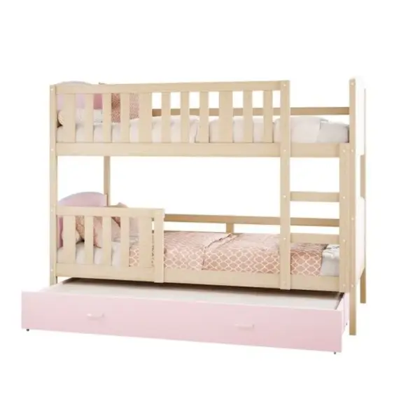 Lit Superposé Tomy 90x190 Pin - Rose Livré Avec Sommiers, Tiroir Et Matelas En Mousse De 7cm