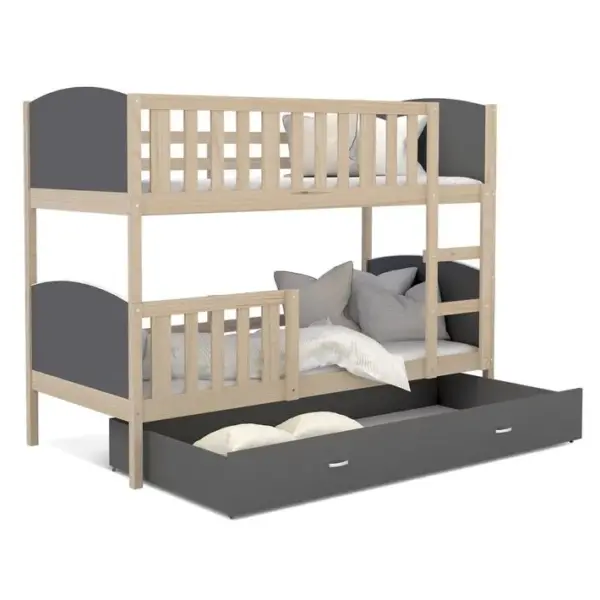 Lit Superposé Tomy 90x190 Pin - Gris Livré Avec Sommiers, Tiroir Et Matelas En Mousse De 7cm