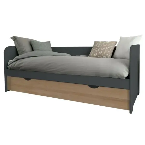 Pack Lit Gigogne Avec 2 Matelas Java Gris Et Bois 80x200 Cm