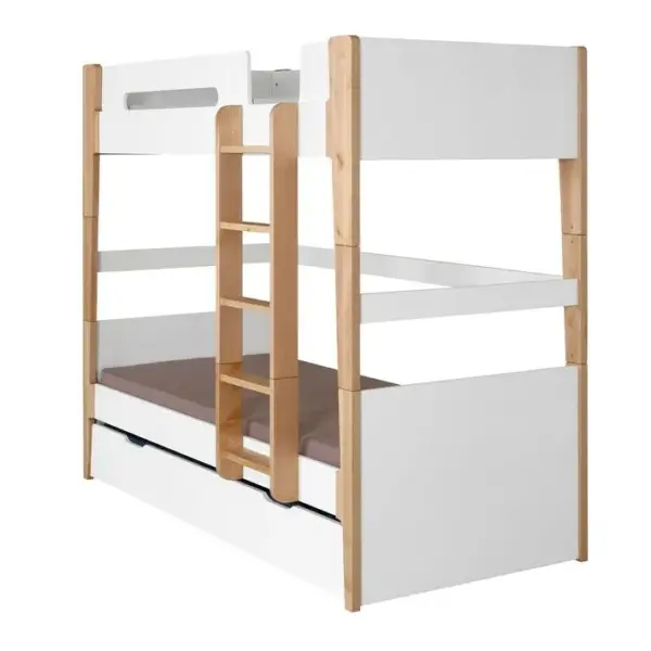 Pack Lit Superposé Modulable Gigogne Avec 3 Matelas Romy Blanc Et Bois 90x190 Cm