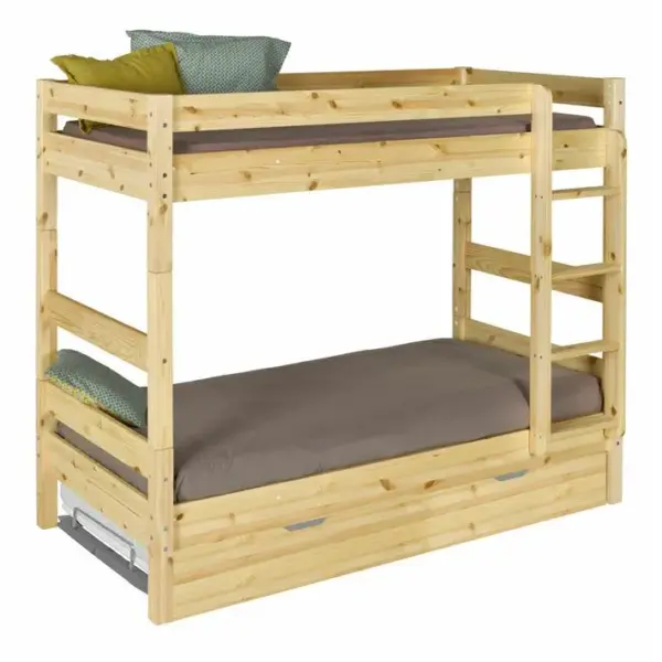 Pack Lit Superposé Séparable Avec Sommier Gigogne Et Matelas Aaron Bois Naturel 80x190 Cm