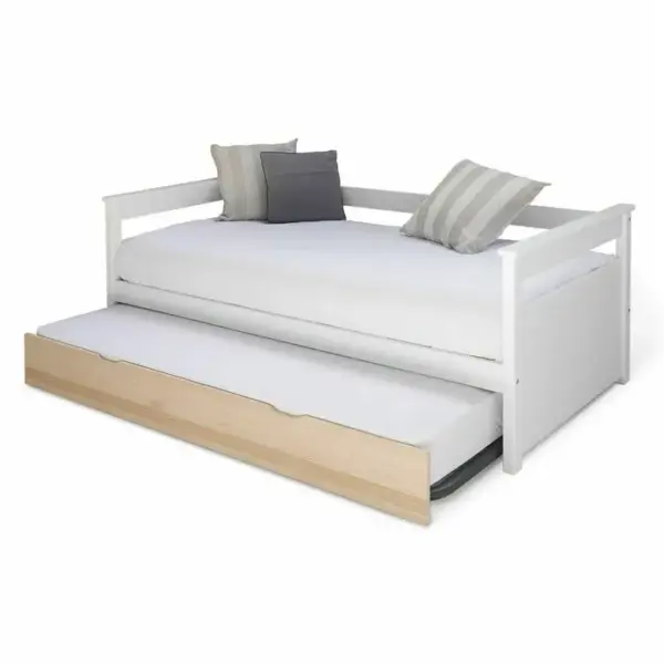 Pack Lit Gigogne Avec 2 Matelas Izao Blanc Et Bois 80x200 Cm