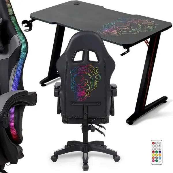 Pack Bureau et Fauteuil Gamer - 1m20 - tête De Mort Arc-en-ciel - LED