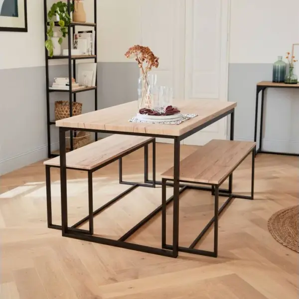 Set Loft Table Rectangulaire En Acier Noir L140x L80 X H75cm. 2 Bancs De L120x L35x H46cm. 4 Places