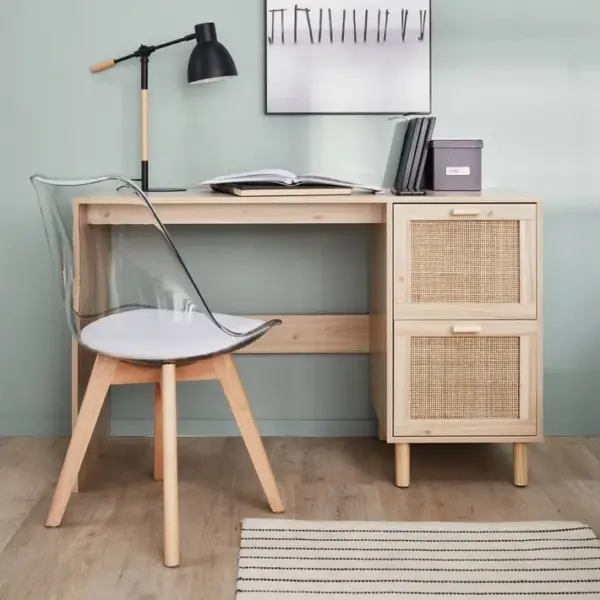 Bureau Décor Bois Et Cannage - Camargue - 120cm. 2 Tiroirs