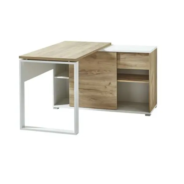 Bureau Dangle Pied Métal Blanc Aspect Chêne Avec Rangement Leonie