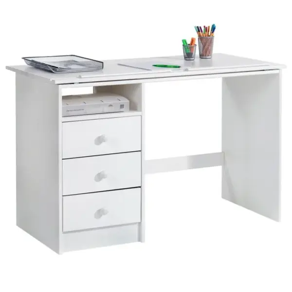 Bureau Enfant Kevin, En Pin Massif, 3 Tiroirs Et Plateau Inclinable, Lasuré Blanc