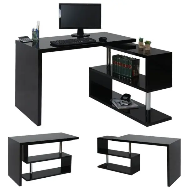 Bureau Angulaire Hwc-a68, Brillant, Pivotant, 120x60cm ~ Noir