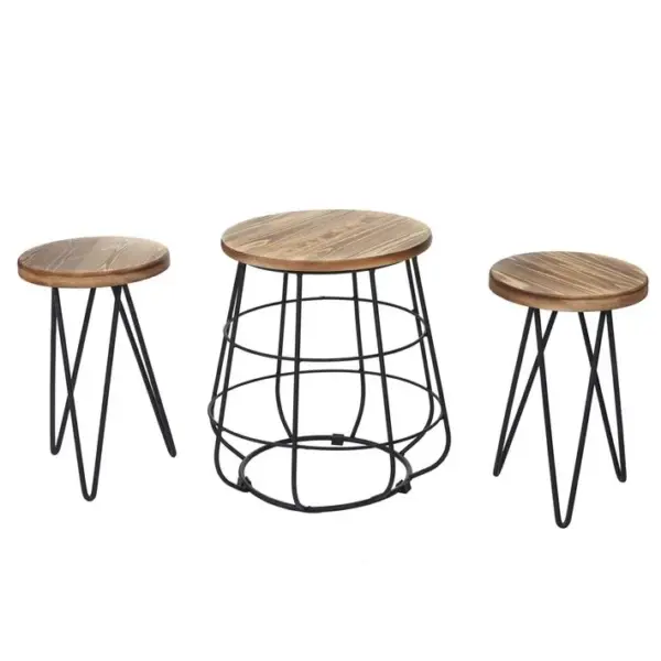 2x Tabouret Avec Table Hwc-a80, Ensemble, Desgin Industriel, Bois Naturel