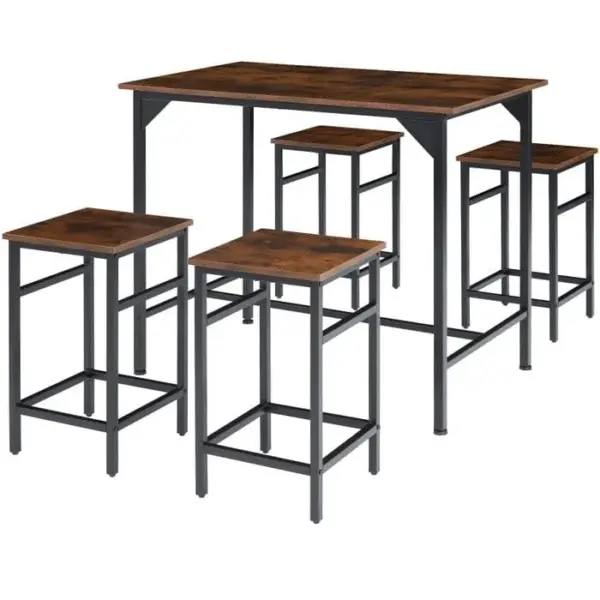 TECTAKE Ensemble Table De Bistrot Edinburgh 1 Table + 4 Tabourets De Bar - Bois Foncé Industriel, Rustique