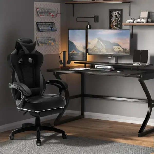 Fauteuil De Bureau.chaise De Gaming Avec Appuie-tête+coussin Lombaire.siège En Similicuir.noir+gris