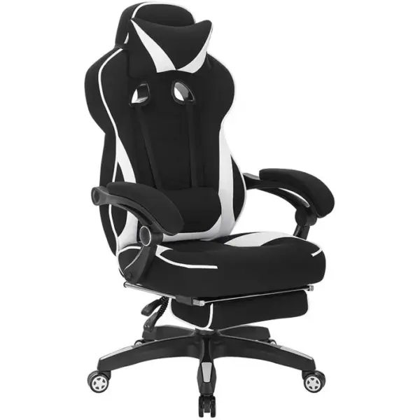 Fauteuil De Bureau.chaise De Gaming Avec Appuie-tête+repose-pieds.siège En Tissu.blanc