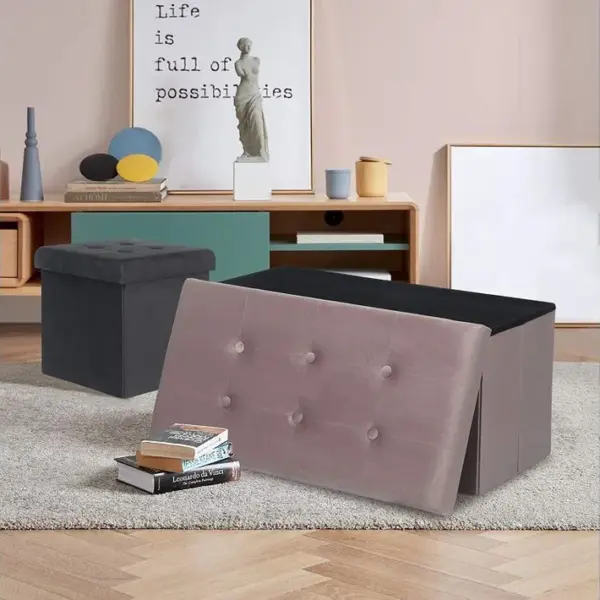 Tabouret Banc De Rangement En Velours.pouf Pliable Cube Coffre De Rangement 76x37.5x38cm.rose