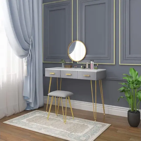 Coiffeuse Avec Miroir+tabouret.table Maquillage Avec 3 Tiroirs Et Tabouret.100x40 Cm.gris+blanc+or