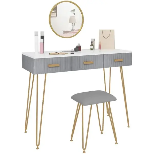 Coiffeuse Avec Miroir+tabouret.table Maquillage Avec 3 Tiroirs Et Tabouret.100x40 Cm.gris+blanc+or