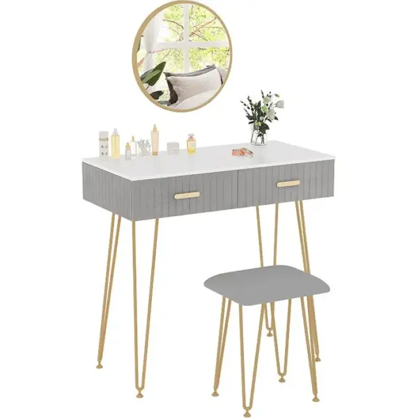 Coiffeuse Avec Miroir+tabouret.table Maquillage En Velours Avec 2 Tiroirs.80x40x77cm.gris+blanc+or