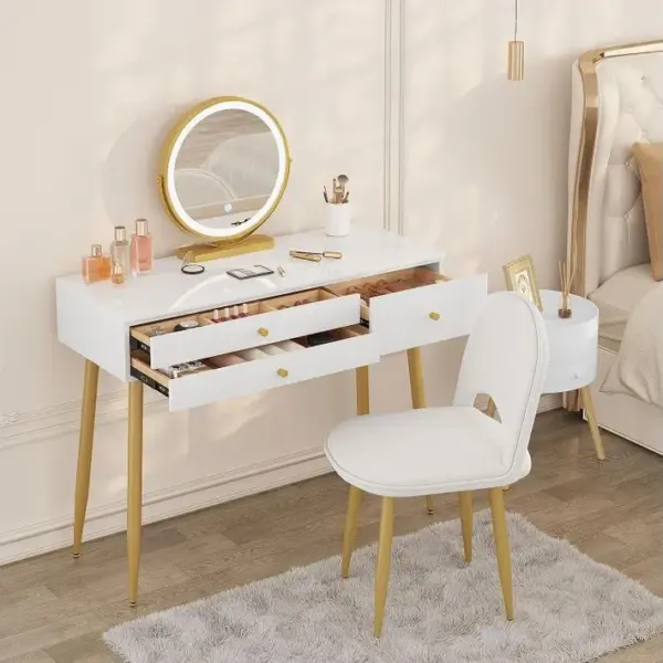 Coiffeuse Avec Miroir LED Réglable Et Chaise En Velours.table De Maquillage Avec 3 Tiroirs.crème+or