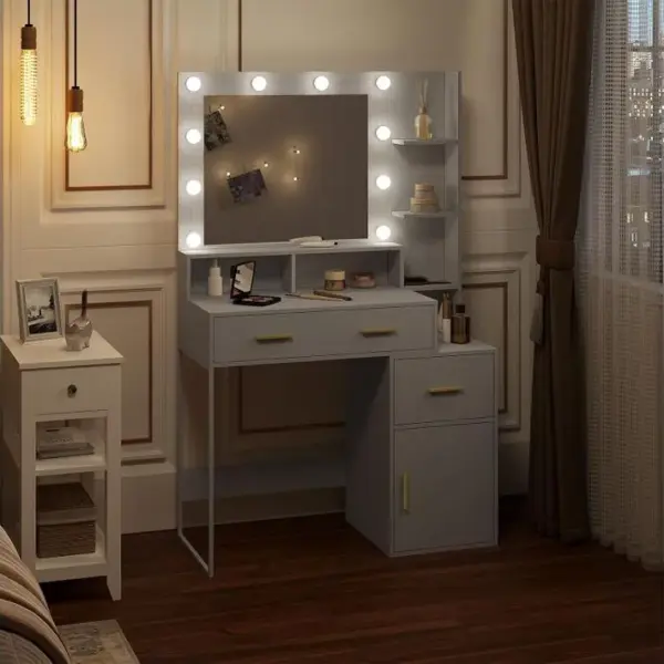 Coiffeuse Avec LED Et Miroir,en Bois,table De Maquillage Avec Tiroirs Et Étagères,90x40cm,blanc